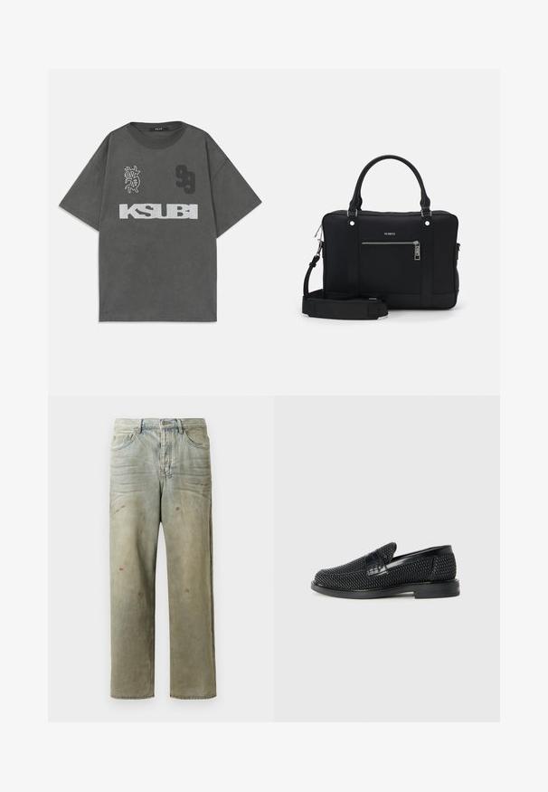 Pelēka, pārāk liela T-kreklā ar apaļu kakla izgriezumu. Iekļauj baltu "KSUBI" tekstu, numuru "99" un grafisku dizainu. Izgatavots no mīkstas auduma.; Izsistās džinsās gaisā zaļā krāsā, ar taisnu kāju, piecu kabatu dizainu un nevienmērīgu izbalēšanu, kā arī krāsas šļakatas.; Melnas austas slaidu kurpes ar gludu ādas akcentu augšpusē, apaļas formas purngalu un zemas profila gumijas zoli.; Melnā sintētiskā tote somā ir divas rokas, noņemams plecu siksniņš, priekšējā kabata ar rāvējslēdzēju un sudraba aksesuāri.