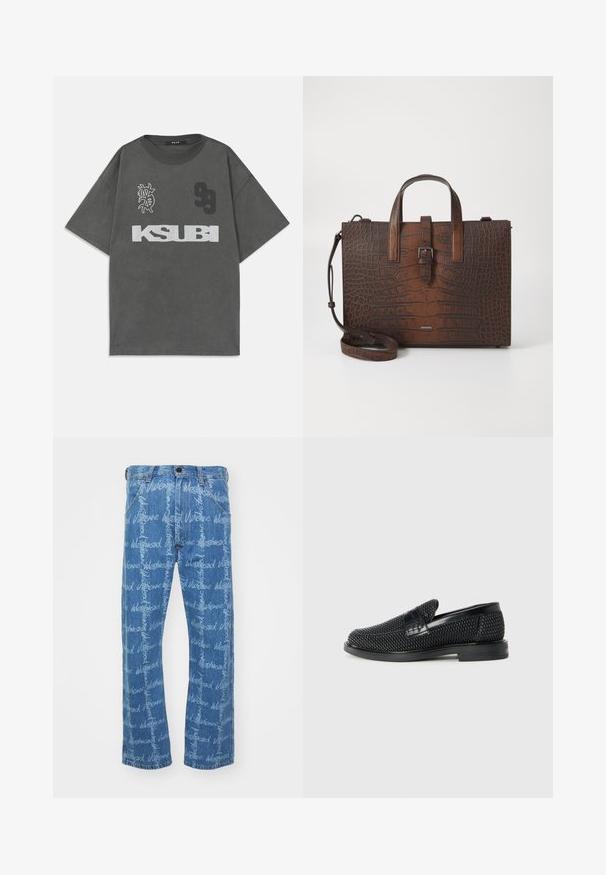Grå oversized t-shirt med rund halsringning. Har vit text "KSUBI", nummer "99" och en grafisk design. Tillverkad av mjukt tyg.; Blå denimjeans med rak benpassform, som har ett upprepat mönster av texten "Vivienne Westwood" i vitt. Klassisk femfickdesign.; Svart vävd slip-on sko med en slät läderdetalj på ovansidan, med rund tådesign och en låg gummisula.; Brun kloakdjursprents läderhandväska med topphandtag och en avtagbar axelrem. Har en spänne stängning och rektangulär form.