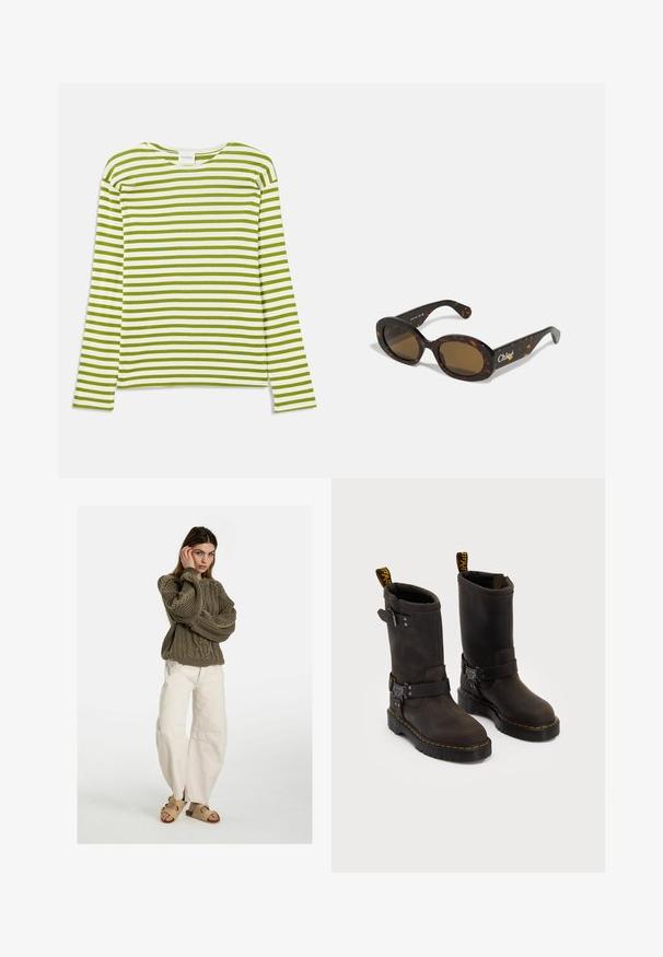 Majica dugih rukava s horizontalnim zelenim i bijelim prugama, okruglim izrezom, mekim materijalom i ravnim krojem s opuštenim fitom.; Free People GOOD LUCK MID RISE BARREL - Traperice opuštenog kroja - beige; Tamno smeđe kožne čizme srednje visine, sa žutim šavovima, podesivim kopčama i ručicama za povlačenje na vrhu. Teksturirana površina.; Smeđi naočale u stilu kornjače s ovalnim okvirom, smešnim lećama i oznakom "Chloé" na dršci. Glatki plastični materijal s sjajnom završnom obradom.