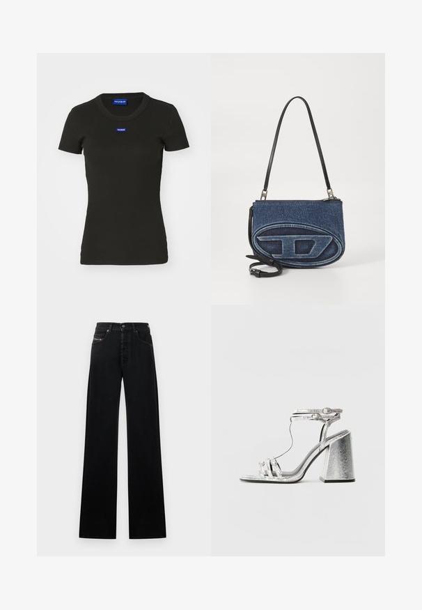 Zwarte T-shirt met korte mouwen, gemaakt van geribde katoen, met een blauwe "HUGO" logo-badge op de voorkant. Klassiek crewneck ontwerp.; Zwarte wijde spijkerbroek gemaakt van denim, met een sluiting met knopen aan de voorkant, vijf zakken en een klein logoplaatje op de tailleband.; Zilveren sandaal met blokhak, voorzien van dunne bandjes en een enkelgesp. Het materiaal heeft een metallic afwerking met een gestructureerde uitstraling.; Denim schoudertas met een zwarte leren schouderband, ovaal logoontwerp aan de voorkant en een ritsluiting aan de bovenkant. Gedeeltelijk gestructureerde afwerking.