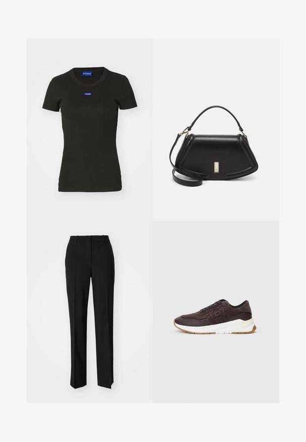 Zwarte T-shirt met korte mouwen, gemaakt van geribde katoen, met een blauwe "HUGO" logo-badge op de voorkant. Klassiek crewneck ontwerp.; Zwarte op maat gemaakte broek met een recht model, voorzien van een soepele textuur en scherpe plooien aan de voorkant. Geen zichtbare hardware.; Donkerbruine sneaker met zwarte voering, verdiept logo op de zijkant, witte dikke zool en gumkleurige buitenzool op een effen achtergrond.; Zwarte leren handtas met een gestructureerd ontwerp, featuring een verkorte vorm, bovenhandvat en gouden hardwareaccent. Inclusief verstelbare schouderband.