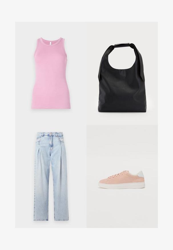 Rózsaszín ujjatlan felső, testhez álló kialakítással, kerek nyakkivágással és bordázott textúrával. Nincs rajta minta vagy díszítés.; Világoskék farmernadrág magas derekú, bő szabású, két oldalsó zsebbel és pliszírozott dizájnnal. Puha tapintású, elhalványított felület.; Világos rózsaszín velúr sportcipő fehér gumitalppal, kerek orral és fehér sarokdíszítéssel. Jellemzője a lapos fűző és a minimális márkajelzés az oldalon.; Fekete bőr hobo táska egyetlen, puha, lekerekített fogantyúval; sima textúrával és minimalista dizájnnal rendelkezik. Nincs látható hardver vagy díszítés.