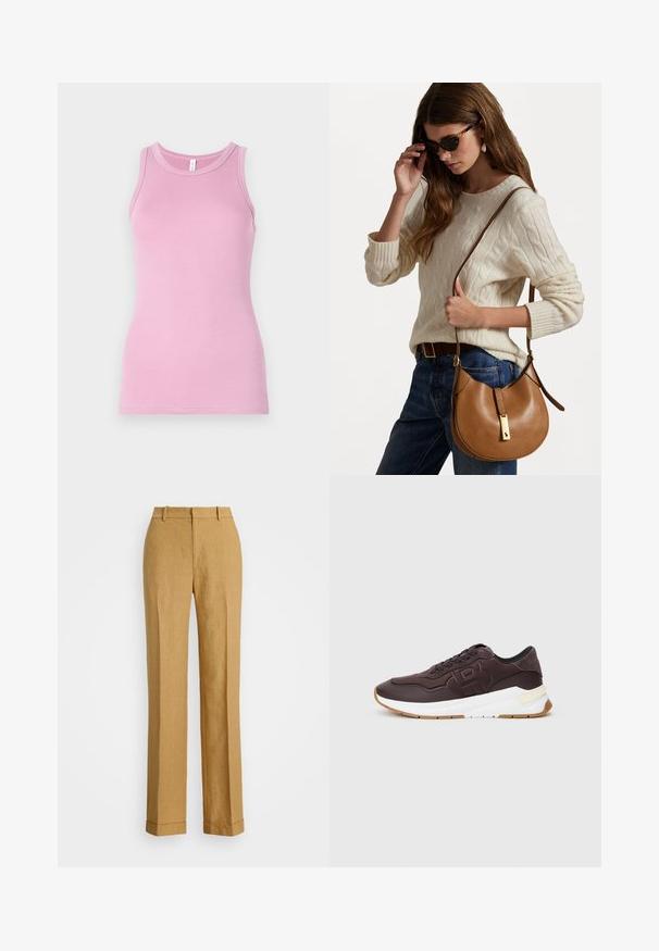 Roosa tank top sobiva disainiga, ümmarguse kaelusega ja soonikkoes. Mustri ega aktsentideta.; Polo Ralph Lauren YARD LINEN FULL FLAT FRONT - Püksid - sand dune; Tumed pruunid tossud musta äärisega, reljeefne logo küljes, paks valge tallaga ja kummi värvi väljatolliga, ühetaolise tausta peal.; Pruun nahkne õlavarre kott, millel on kaarekuju ja kuldne riistvara. Mudel kannab kreemikat soonikkoes sviitrit ja siniseid teksaseid.