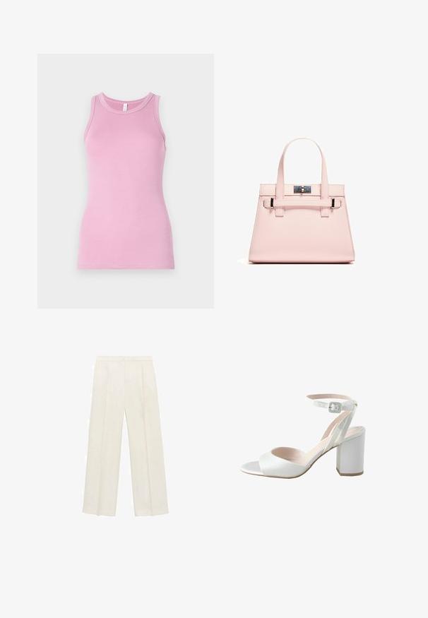 Roza majica brez rokavov s prilegajočim se dizajnom, z okroglim izrezom in rebrasto teksturo. Brez vzorcev ali dodatkov.; Hlače širokih nogavic v svetli kremni barvi. Narejene iz gladkega materiala s plitkimi naborki spredaj in stranskimi žepi.; Bele sandale na visoki peti bele barve z sijočim satinastim zgornjim delom, širokim blok peto in zankasto naramnicjo z majhnim sponko. Gladke teksture, minimalistična zasnova.; Roza strukturirana torba iz teksturirane kože, ki ima dva zgornja ročaja, zapiralo na sponko in kontrastne kovinske detajle.