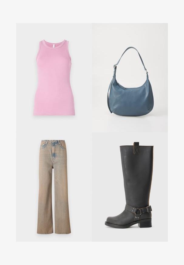 Rosa tanktop med en tætsiddende design, der har en rund halsudskæring og ribbet tekstur. Ingen mønstre eller accenter til stede.; Lyse vaskede, vide ben jeans med høj talje, lavet af denim. Har diskret syninger og fem lommer, med en let falmet tekstur.; Sorte læderknæhøje støvler med en tekstureret overflade, der har en sidebuckle-detalje og en lav hæl. Særligt detaljeret syninger langs sømmene.; Blå læderhåndtaske med en rundt form, enkelt skulderstrop, lynlås lukning og præget brandnavn på fronten. Glat tekstur.