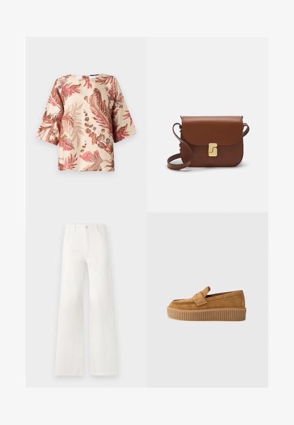 Floral-patterned blouse in light beige, featuring pink and brown leaf designs, short sleeves, and a round neckline with a back closure.; White, high-waisted wide-leg jeans made of denim. Features a button closure, two front pockets, and side seams with stitching details.; Brown suede loafer with a round toe, featuring a ribbed platform sole and a decorative strap across the upper.; Brown leather handbag with a flap closure, gold-tone hardware, a shoulder strap, and a smooth texture. Compact rectangular shape.