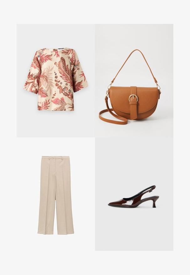 Blůza s květinovým vzorem v světle béžové barvě, se vzory listů v růžové a hnědé barvě, krátkými rukávy a kulatým výstřihem se zapínáním na zádech.; Svetle béžové kalhoty širokého střihu s hladkým povrchem, zdobené skladbou na přední straně a postranními kapsami, s designem stahovaného pasu.; Hnědé lakované kožené slingback boty s špičatou špičkou a mírným podpatkem. Disponují přezkou pro bezpečné upevnění. Hladký povrch.; Hnědá kožená křížová taška s zakřiveným tvarem, zlatými detaily a akcentem s přezkou. Obsahuje odnímatelný popruh na rameno.