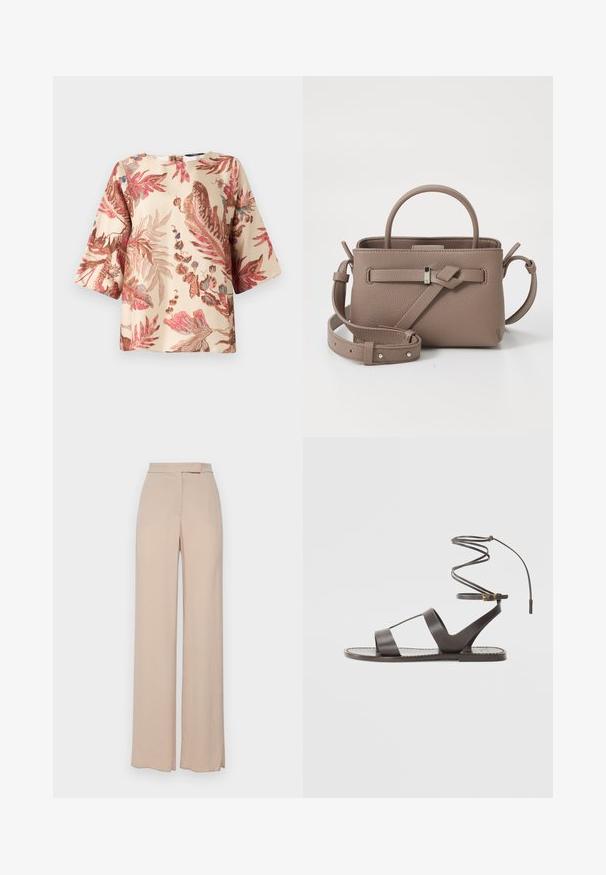 Bloemmotief blouse in licht beige, met roze en bruine bladdesigns, korte mouwen en een ronde hals met een sluiting aan de achterkant.; Beige wijde broek gemaakt van een lichtgewicht stof. Kenmerkt zich door een soepele textuur, zijzakken en een subtiele tailleband.; Bruine leren sandaal met een platte zool, met een minimalistisch ontwerp, gebogen enkelband en meerdere uitsparingen voor ademend vermogen.; Taupe leren handtas met textuur, bovenhandvat, verstelbare schouderband en decoratieve knoopdetail op een witte achtergrond.