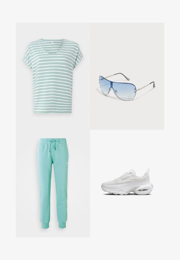 Világos türkiz színű, rövid ujjú póló fehér vízszintes csíkokkal, V-kivágással és felgöngyölt ujjakkal, puha, sima anyagból készült.; Menta zöld melegítőnadrág, gumis derékkal, húzózsinórral és bordás mandzsettával. A bal combján egy kis fehér Nike logó található.; Fehér sneaker hullámvonalas felső dizájnnal, texturált anyaggal, párnázott talppal és látható légpárnával. Felszerelt fűzős elejével és húzófüllel rendelkezik.; Pilóta napszemüveg, melynek áttetsző kék lencséje, ezüst fém kerete és díszes csillag díszítések találhatók a lencsén. Simogató és elegáns dizájn.