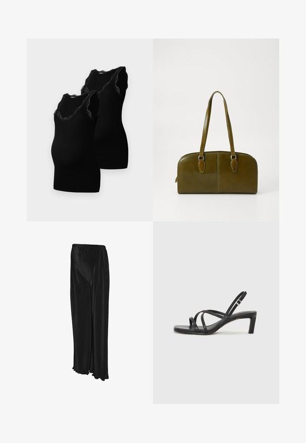 Zwarte zwangerschaps tanktops, met een ronde hals en kantafwerking, gemaakt van zacht, rekbaar materiaal, ontworpen voor comfort en pasvorm.; Zwarte wijde broek van ribstof, met een relaxte pasvorm, elastische tailleband en gegolfde zoom.; Zwarte sandaal met bandjes, vierkante teen en een lage blokhak. Voorzien van meerdere dunne bandjes en een verstelbare enkelband. Gemaakt van zacht leer.; Olijfgroene leren handtas met een ronde vorm, dubbele handvatten en een naadloze voorkant. Kenmerkt zich door een gladde textuur en subtiele stikdetails.