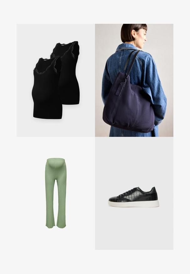 Melnas grūtniecības topi ar apaļu kakla izgriezumu un mežģīņu apdari, izgatavoti no mīksta, elastīga auduma, kas paredzēti komfortam un pielāgošanās spējai.; Zaļas, teksturētas adītas bikses ar pieguļošu jostasvietu un izplestas kāju atveres, kurām ir smalka ribota struktūra un plīsuši apmalēm.; Melni sporta apavi ar teksturētu krokodila raksta ādas augšdaļu, noapaļotu pirkstu daļu un kontrastējošu baltu gumijas zoli ar gludu virsmu.; Jūras spēku kanvas plecu soma ar mīkstu, strukturēta formu, kas piedāvā melnu siksnu, izšūtu detaļu un nelielu zīmola birku.