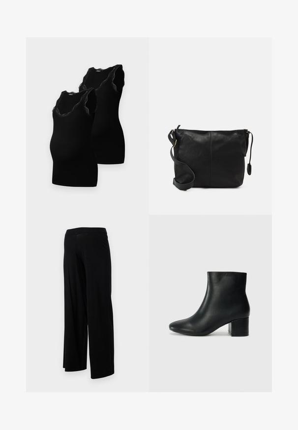 Black maternity tank tops, featuring a scoop neckline with lace trim, made from soft, stretchy fabric, designed for comfort and fit.; Black wide-leg pants with an elastic waistband and a smooth, stretchy texture. Features a simple design, no patterns or embellishments.; Black leather ankle boots with a pointed toe and a chunky heel. Smooth texture with minimal accents and a sleek, fitted design.; Black leather crossbody bag with a flat shape, gold hardware accents, and an adjustable strap. Smooth texture with minimal stitching details.
