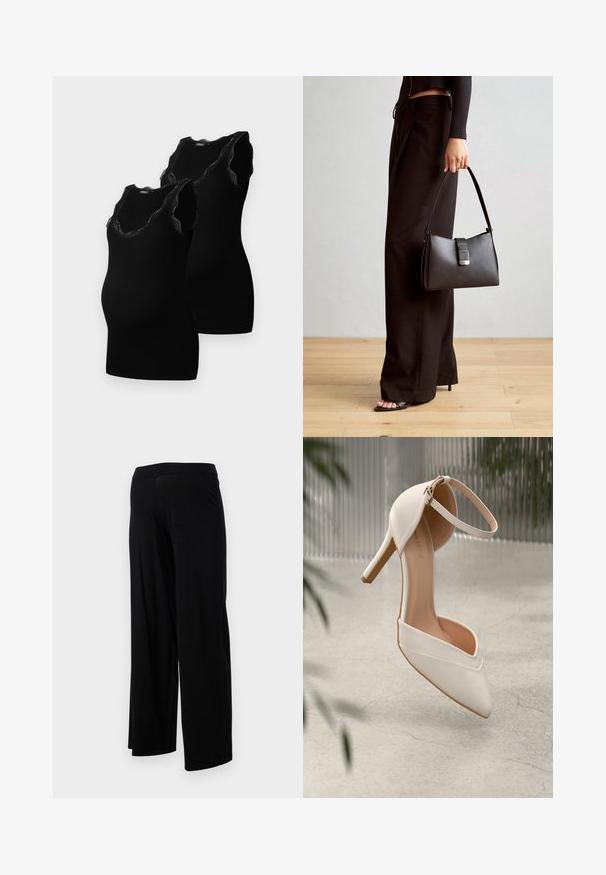 Svarte graviditetstanktoppe med scoop-hals og blondekant, lavet af blødt, strækbart stof, designet til komfort og pasform.; Sorte bredbenede bukser med en elastisk talje og en glat, strækbar tekstur. Har et enkelt design uden mønstre eller udsmykninger.; Hvid højhælet sko i glat materiale med spids tå og ankelrem. Har et lyst tan interiør og hardware i guldtonet accent.; Sort håndtaske med struktureret form, glat overflade og metalspænde. Sammen med brede sorte bukser og sandaler med åben tå på trægulv.