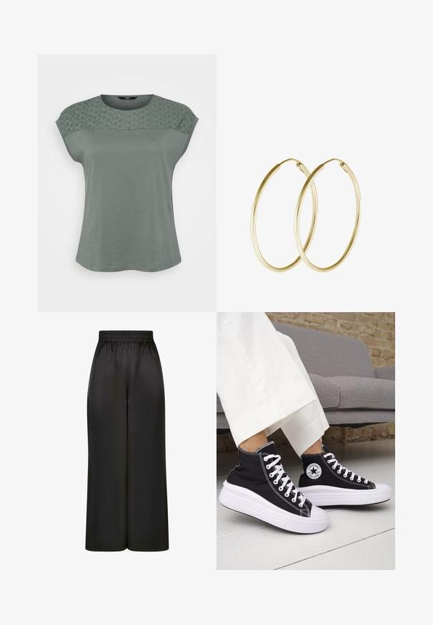 Damenoberteil mit kurzen Ärmeln aus weichem, gedämpftem grünen Stoff, mit einer spitzenartigen Musterung an den Schultern und einer lockeren Passform.; Schwarze, weit geschnittene Hosen aus glattem, glänzendem Stoff mit elastischem Bund und ohne sichtbare Taschen oder Metallteile.; Schwarze High-Top-Sneaker mit weißen Gummisohlen und Schnürsenkeln. Verfügt über ein rundes Logo-Patch und kontrastierende weiße Nähte. Aus Canvas-Material.; Goldene Creolen mit einem glatten, abgerundeten Design und einem glänzenden Finish. Leichte Bauweise mit einem sicheren Verschluss.