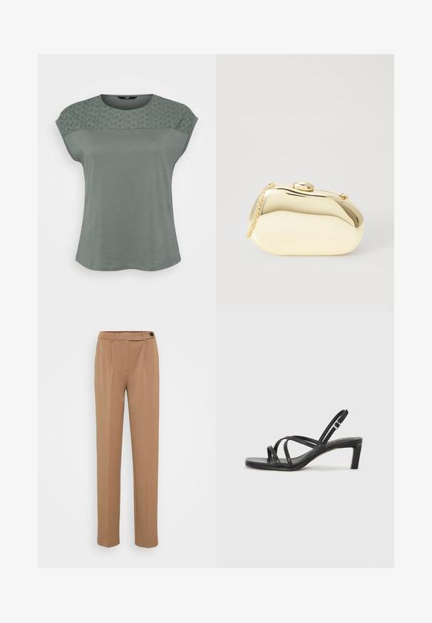 Rövid ujjú női felső puha, tompa zöld anyagból, csipkeszerű mintázattal a vállaknál és laza fazonnal.; Barna, egyenes szabású, illeszkedő nadrág, egy gombos záródással és redőzött elülső részlettel. Sima tapintás, minimális stílus.; Fekete pántos szandál négyzetes orral és alacsony blokk sarkal. Több vékony pánttal és állítható boka pánttal rendelkezik. Sima bőrből készült.; Fémes arany színű kistáska sima, lekerekített formával, tetején gombos záródással és kis láncfogóval a hordozáshoz.