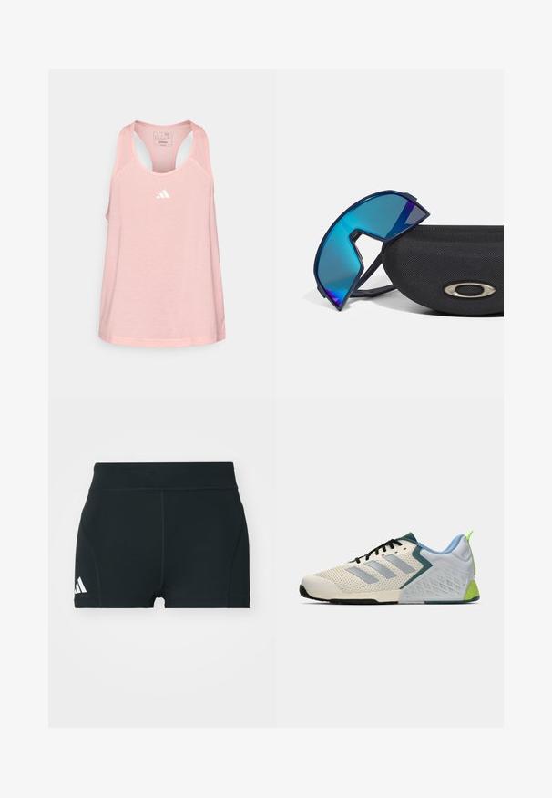adidas Performance TRAIN ESSENTIALS MINIMAL BRANDING RACERBACK - Felső - semi pink spark; Fekete sportnadrág elasztikus anyagból, magas derékkal, testhezálló fazonban, bal oldalon fehér Adidas logóval.; Könnyű sportcipők, krémszínű hálós felsőrésszel, szürke csíkokkal, zöld díszítéssel és strukturált kék sarokpárral. Fekete cipőfűzők.; Kék árnyalatú, sportos kialakítású, körbeíró napszemüveg egy texturált fekete tokon, melyen fémes logó akcentus található.