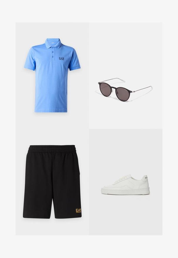 Világoskék, puha pamutból készült pólóing. Galléros dizájn, háromgombos nyakmegoldás és fekete EA7 logó található a mellen.; Fekete sportnadrág puha anyagból, rugalmas derékkal és egy kis sárga EA7 logóval a bal alsó lábszáron.; Fehér bőr sportcipő sima felülettel, kerek orral, lapos fűzőkkel és texturált talppal. Finom logó található a sarokon.; Fekete kerek napszemüveg sötét lencsékkel és karcsú fém szárakkal. Átlátszó szárvégeket és ezüst részleteket tartalmaz az ívnél. Minimalista dizájn.