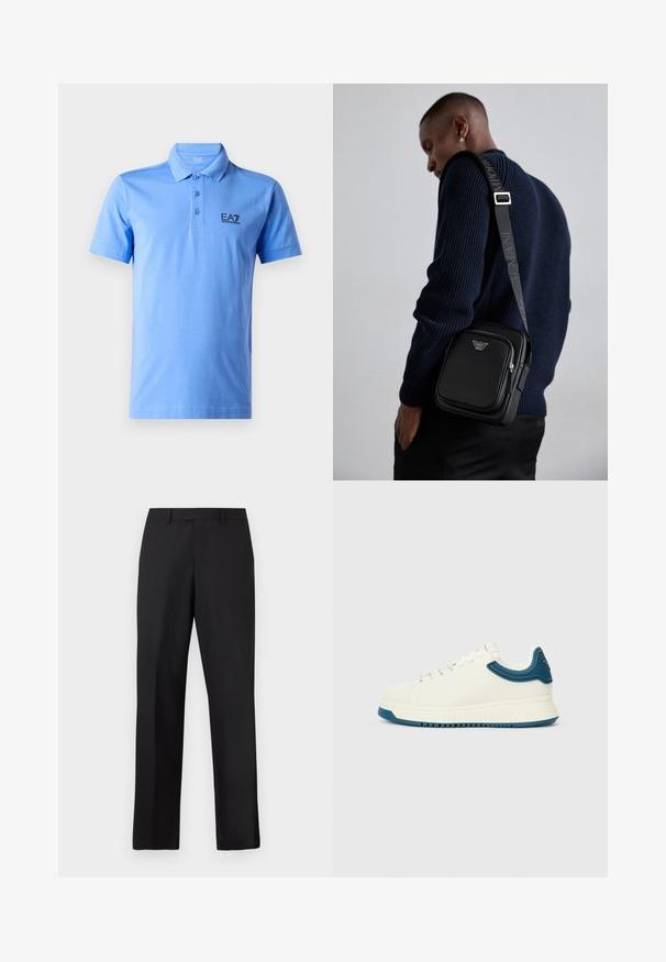 Svetlomodrá polo košela z mäkkého bavlneného materiálu. Má golierový dizajn, trojité zapínanie na gombíky a čierne logo EA7 na hrudi.; Čierne nohavice s rovnými nohavicami vyrobené z hladkej látky. Majú štandardný pás a žiadne viditeľné vzory alebo ozdoby.; Biele tenisky so hladkým povrchom, modré textúrované akcenty okolo goliera a hrubou podrážkou. Obsahujú okrúhle šnúrky a nízky dizajn.; Čierna kožená kabelka cez telo s uzatvárateľnou priehradkou, detailom loga a nastaviteľným popruhom s nápisom značky. Nosená proti textúrovanej námorníckej svetri.
