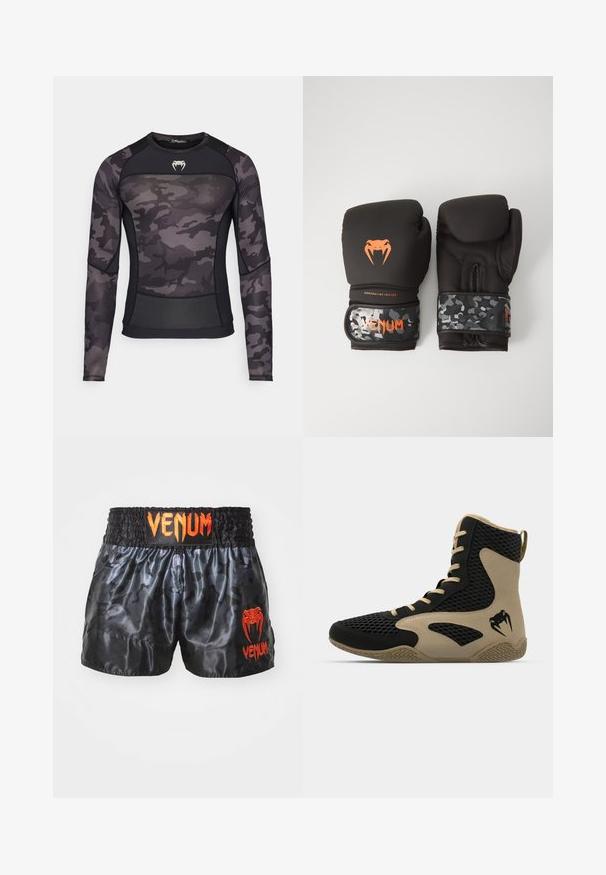 Venum AIR RASHGUARDS - Topper langermet - black; Svart sateng bokseshorts med kamuflasjemønster, med elastisk midje og lys orange "VENUM"-logo på fronten.; Høye idrettssko med svart nettverksutside og beige detaljer. Teksturert gummisåle og logo på siden.; Svarte boksinghansker med matt finish og ergonomisk design. Oransje logo-detaljer og håndleddsstropper med kamuflasjemønster.
