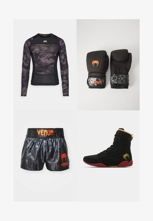 Venum AIR RASHGUARDS - Hosszú ujjú felső - black; Fekete selyemboxzsák nadrág, álcázó mintával, rugalmas derékkal és élénk narancssárga "VENUM" logóval az elején.; Felső sportcipő fekete hálós és szintetikus anyagból, texturált díszítésekkel, piros gumitalppal és arany részletekkel a bokán.; Fekete bokszkesztyűk matt felülettel és ergonómikus kialakítással. Narancssárga logó részletek és álcázó mintázatú csuklóhevederek.