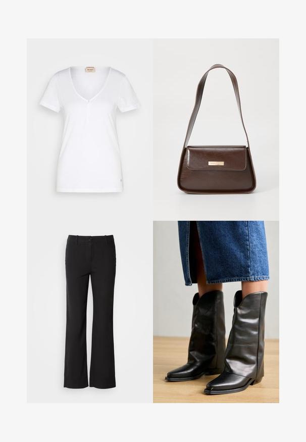 Mos Mosh BASIC TEE - T-shirts basic - white; Sorte bomuldsblandede bukser med lige ben-design, frontknaplukning og to sidelommer. Glat tekstur, ingen synlige mønstre.; Pavement CALLISTA - Cowboy- / bikerstøvler - black; Brun læder skuldertaske med en struktureret form, der har en magnetisk klaplukning og en metallisk logoaccents på forsiden.