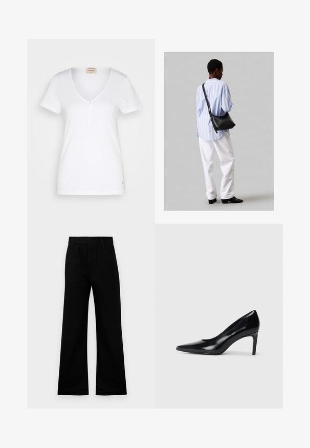 Mos Mosh BASIC TEE - Paprasti marškinėliai - white; Juodi plačios kojos kelnės, pagamintos iš lygios medžiagos, su aukšta juosmens linija, turinčios mygtukų užsegimą ir diržų kilpas, užtikrinančios struktūrizuotą prigludimą.; Juodas odinis aukštakulnis batelis su smailiu pirštu, lygiu paviršiumi ir siauru kulnu. Minimalistinis dizainas, jokių papildomų puošmenų.; Juodas odinis petinis krepšys su minkšta tekstūra, trikampiu pavidalu ir reguliuojama juosta, derinamas su šviesiai mėlynu dryžuotu marškinėliu ir baltais džinsais.