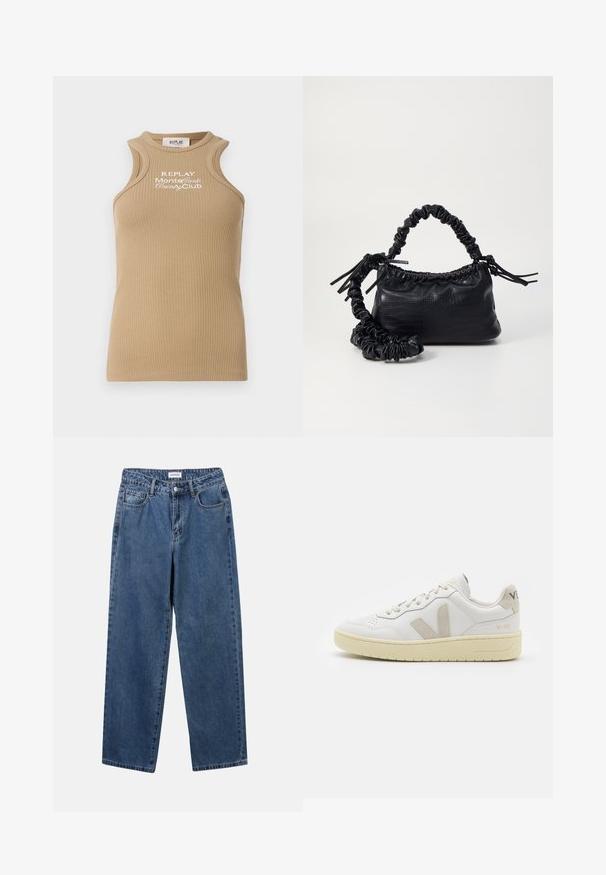 Hnědý ribbed top bez rukávů s kulatým výstřihem a širokými ramínky. Na přední straně se nachází bílá výšivka "REPLAY MonteCarlo Country Club".; Klasické modré džíny z denimu se střihy rovné nohy, pěti kapsami a zapínáním na knoflík. Mají střední odstín a odolnou texturu.; Bílé kožené tenisky s béžovými semišovými akcenty, perforovanou špičkou, plochými tkaničkami a strukturovanou krémovou podešví. Obsahují jemné logo na patě.; Černá kabelka z umělé kůže s krokodýlím vzorem, staženým vrškem a zmačkaným popruhem. Zdá se, že má měkký a kompaktní design.