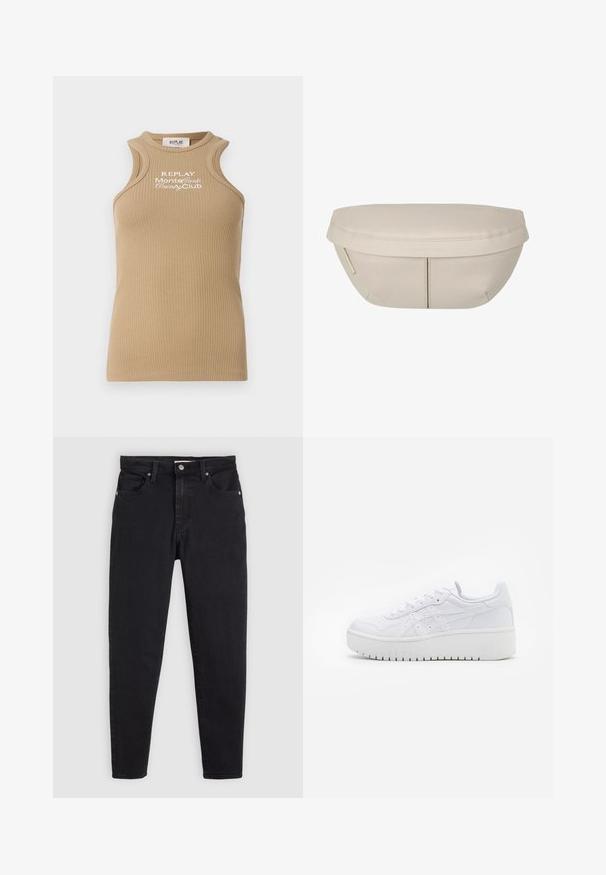 Beige gerippter Tanktop mit rundem Halsausschnitt und breiten Schulterträgern. Mit weißer "REPLAY MonteCarlo Country Club" Stickerei auf der Vorderseite.; Schwarze Slim-Fit-Jeans mit Knopf- und Reißverschluss, Fünf-Taschen-Design und Gürtelschlaufen auf einem hellgrauen Hintergrund.; Weiße Plattform-Sneaker aus glattem Leder mit perforierten Details und flachen Schnürsenkeln; ausgestattet mit einer dicken weißen Gummisohle.; Beiger Stoffbeutel mit runder Form, flacher Oberseite und subtilen Nahtdetails. Enthält ein minimalistisches Logo und einen Seitengurt.