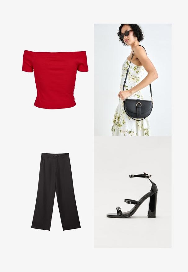 Červený top bez ramínek vyrobený z ribbeného materiálu, s krátkými rukávy a přiléhavým střihem. Hladká textura, jednobarevná bez vzorů.; Černé široké kalhoty vyrobené z hladké tkaniny, s předním zipem a dvěma bočními kapsami, s dobře padnoucím střihem a minimalistickým designem.; Černé lakované sandály na podpatku se čtveratou špičkou, lýtkovými pásky a stříbrnými přezkami. Disponují masivním blokovým podpatkem pro stabilitu.; Černá kožená kabelka s křivkovým tvarem, odnímatelným popruhem a zlatými detaily. Kabelka má klopu s přezkou.