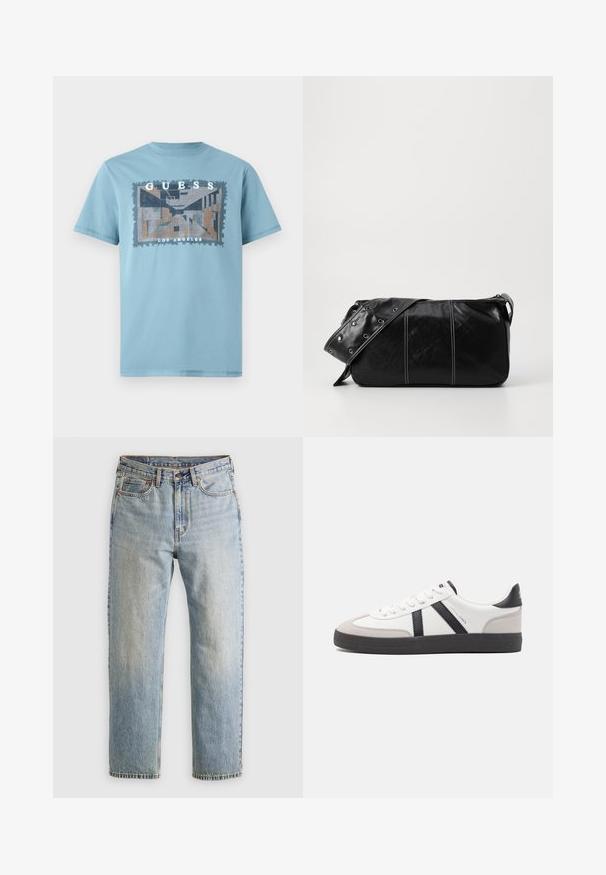 Vaaleansininen puuvillapaita, jossa on suorakulmainen graafinen muotoilu geometrisilla kuvioilla ja teksti "GUESS LOS ANGELES". Lyhyet hihat ja pyöreä kaula-aukko.; Vaaleansininen farkut, joissa on korkea vyötärö, etunappi, vetoketju ja viisi taskua, asetettu tasaisesti neutraalille taustalle.; Valkoiset lenkkarit mustilla ja harmailla yksityiskohdilla, joissa on teksturoitu harmaa kärki, musta kumipohja ja litteät valkoiset nauhat. Siisti muotoilu, minimalistinen tyyli.; Mustakulmainen nahkainen olkalaukku, jossa on vetoketjukiinnitys, teksturoitu pinta, valkoiset ompeleet ja hihna, jossa on hopeiset niitit.