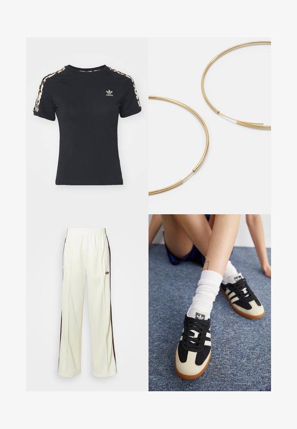 Camiseta de algodón negra con mangas cortas, que presenta rayas laterales estampadas y un pequeño logo bordado en el pecho. Diseño ajustado.; Pantalones de chándal color crema con un corte relajado, que cuentan con rayas laterales marrón oscuro y un logo bordado en el muslo izquierdo.; Zapatillas deportivas en blanco y negro con parte superior de ante y cuero, que presentan tres rayas blancas y una suela de goma. Par usado con calcetines blancos.; Pendientes de aro color dorado, delgados y redondos, con un acabado metálico suave y sin adornos ni patrones.
