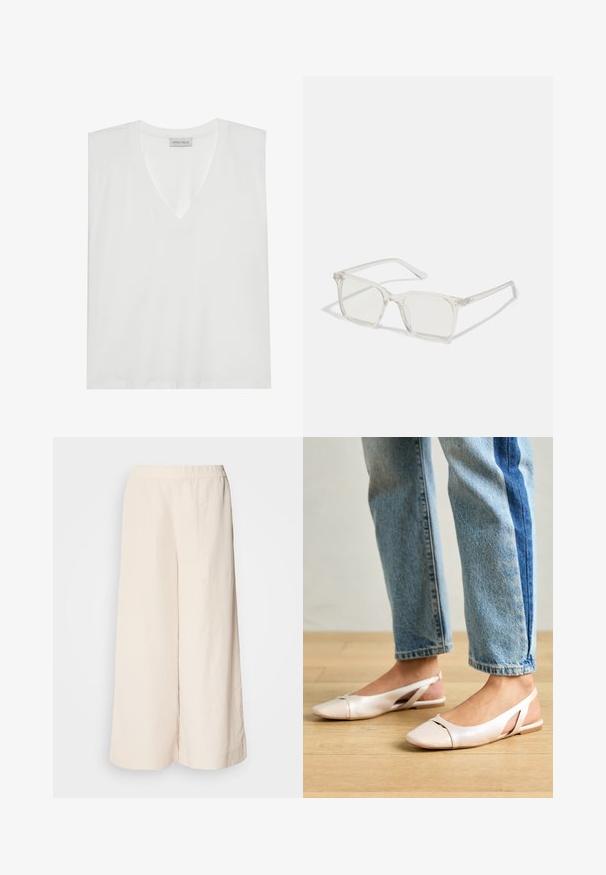 Weißes V-Ausschnitt T-Shirt aus weichem, glattem Stoff. Verfügt über kurze Ärmel, eine lockere Passform und ein Label am Ausschnitt. Einfaches und vielseitiges Design.; Cremfarbene, weit geschnittene Hose mit elastischem Bund, die einen lockeren Sitz und eine glatte Textur aufweist, ideal für die Freizeit.; Blassrosa Slingback-Ballerinas mit spitzem Punkt, aus einem glatten, lederähnlichen Material. Mit Ausschnitten an den Seiten und einem flachen Absatz.; Klare, quadratische Kunststoffbrillen mit durchsichtigen Gläsern, die goldene Akzente an den Bügeln für zusätzliche Details aufweisen.
