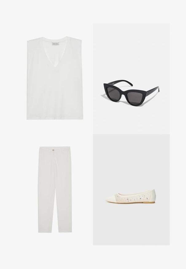 Bílý V-krční tričko vyrobené z měkké, hladké látky. Obsahuje krátké rukávy, volný střih a štítek na výstřihu. Jednoduchý a univerzální design.; Bílé kalhoty na míru s rovnými nohavicemi, se zapínáním na knoflík, poutky na opasek a bočními kapsami; hladká struktura látky.; Béžové ploché boty s špičatou špičkou z krémové kůže s průhledným svrškem posetým třpytivými kamínky. Měkká podrážka pro maximální pohodlí, minimalistický design.; Černé sluneční brýle ve stylu kočičích očí s matným povrchem, vybavené šedými zabarvenými skly, ostrými liniemi a elegantními bočními rameny. Název značky viditelný na vnitřní straně ramene.
