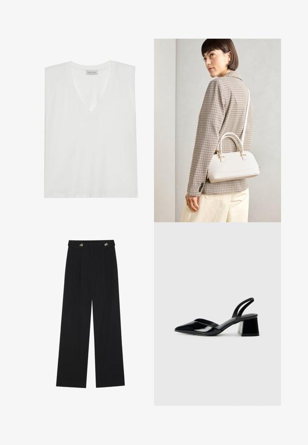 V-kaulus valkoinen T-paita, joka on valmistettu pehmeästä ja sileästä kankaasta. Siinä on lyhyet hihat, rento istuvuus ja etiketti kaula-aukossa. Yksinkertainen ja monikäyttöinen muotoilu.; Mustat leveälahkeiset housut, joissa on korkea vyötärö, napit vyötärönauhassa ja etupuolella laskokset.; Mustat patentoitu nahkakengät, joissa on säären takaosa ja terävä kärki, sekä geometrinen palikkakorko. Sisältää tyylikkään, minimalistisen muotoilun ja sileän pinnan.; Valkoinen rakenteellinen käsilaukku, jossa on lyhyet kahvat ja olkahihna, varustettu kultaisilla metalliosilla ja tekstuurilla, esillä harmaata taustaa vasten.