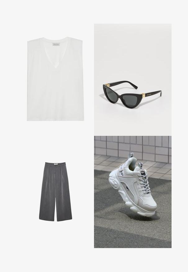 Hvid V-hals T-shirt lavet af blød, glat stof. Har korte ærmer, en løs pasform og et mærke ved halsåbningen. Simpel og alsidig design.; Plisserede vide bukser i en mørkegrå stof med en subtil tekstur. Har en knaplukning og et klassisk talje-design.; Hvide sneakers med mesh- og lædermaterialer, rund tå, tyk sål, fremtrædende snørebånd og branding på hælen og tungen.; Cat-eye solbriller med sorte plastrammer, mørke linser og guldfarvede detaljer ved templet. Glat tekstur og dristig design.; Sort hobo taske lavet af glat læder med en buet silhuet, der har en enkelt justerbar skulderrem og minimalistiske designdetaljer.