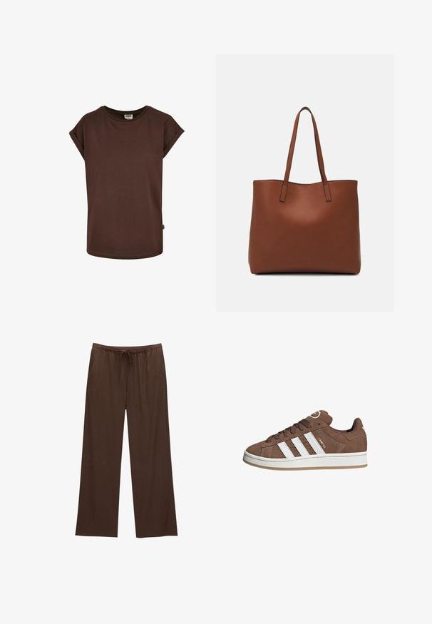 Brun bomulds t-shirt med korte optrillede ærmer, rund halsudskæring og en løs pasform. Har et lille mærke på side sømmen.; Brune brede bukser lavet af blød stof, med elastisk talje og snøre samt to sidelommer.; Brune ruskinds sneakers med hvide læderstriber, gummisål, rund tå og snørebåndsfront. Har et logo på tungen og perforerede detaljer.; Brun læder tote taske med en glat overflade, åben topdesign og to skulderremme. Har minimal syning og ingen synlig hardware.