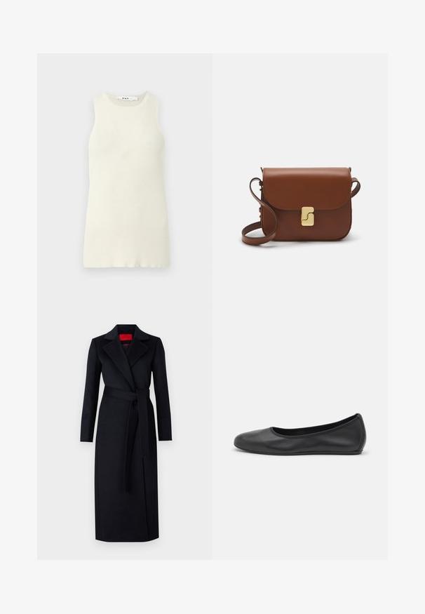 Beżowy top bez rękawów wykonany z prążkowanej tkaniny, z okrągłym dekoltem i dopasowanym krojem. Brak widocznych wzorów lub akcentów.; Czarny płaszcz trencherowy z długimi rękawami, zapinany nawiązującym do stylu okryciem, z dopasowanym paskiem. Wykonany z gładkiego materiału, z kołnierzem z wycięciem i bocznymi kieszeniami.; Czarne skórzane baletki z zaokrąglonym noskiem, gładką fakturą, minimalnymi przeszyciami i elastycznym designem podeszwy.; Brązowa skórzana torebka na ramię z klapką, złotymi detalami, paskiem na ramię i gładką teksturą. Kompaktowy prostokątny kształt.