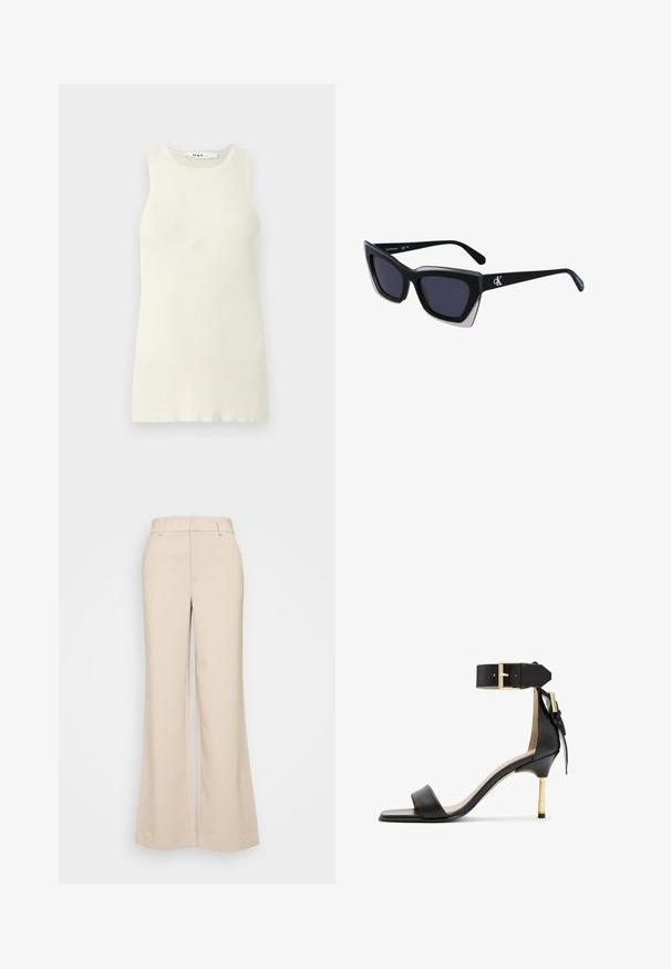 Top senza maniche color crema realizzato in maglia a costine, caratterizzato da un colletto rotondo e una vestibilità aderente. Nessun motivo o dettaglio visibile.; Pantaloni beige a gamba larga con una texture liscia, caratterizzati da una vita alta e due tasche frontali. Design pulito con una vestibilità sartoriale.; Sandal con tacco in pelle nera, punta quadrata, cinturino alla caviglia con fibbia dorata e tacco metallico slanciato. Texture liscia, design minimalista.; Occhiali da sole oversize neri dalla forma geometrica, con lenti scure e un dettaglio grigio a contrasto sulla montatura. Logo sul braccio.