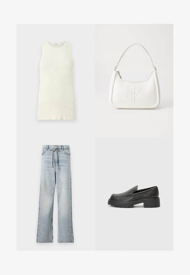 Bela brezrokavna majica iz rebraste tkanine, z okroglim izrezom in tesnim krojem. Brez vidnih vzorcev ali okraskov.; Svetlo modre široke kavbojke iz denima, ki imajo visok pas, sprednje žepe in detajl z vrvico pri pasu. Imajo obrabljen videz.; Črne usnjene loafers čevlje z zaobljenim nosom, debelim teksturiranim podplatom in minimalnimi šivi. Elegantna zasnova brez vidnih vezalk ali kovinskih delov.; Bela usnjena torbica s ukrivljeno obliko, ki na sprednji strani nosi vžgano logo "CK" in ima eno naramnico. Zadrga za zapiranje na vrhu.
