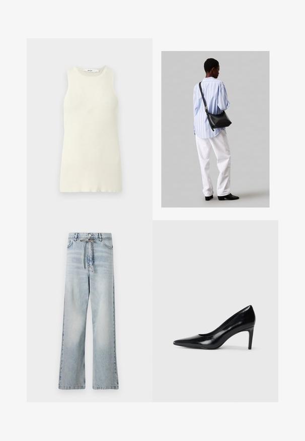 Uten ermer kremfarget tank topp laget av ribbestrikket stoff, med rund halslinning og tettsittende design. Ingen synlige mønstre eller effekter.; Lyseblå vide jeans laget av denim, med høy midje, frontlommer og snøring i midjen. Slitt tekstur.; Sorte skinnhøye hæler med spiss tå, glatt tekstur og avsmalnet hæl. Minimalistisk design, ingen ekstra dekorasjoner.; Svart lær skulderveske med en myk tekstur, trekantet form og justerbar stropp, kombinert med en lyseblå stripete skjorte og hvite bukser.