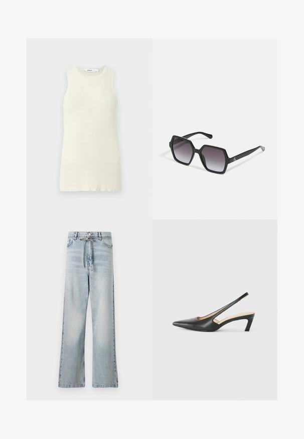Bezramenný smotanový top bez rukávov vyrobený z rebrovanej tkaniny, s okrúhlym výstrihom a tesným strihom. Žiadne viditeľné vzory ani akcenty.; Svetlomodré široké džínsy vyrobené z denimu, s vysokým pásom, prednými vreckami a detailom so šnúrkou v páse. Zničená textúra.; Čierne slingback topánky s ostrou špičkou a nízkym opätkom, vyrobené z hladkej kože a s výrezmi na boku pre lepšiu priedušnosť.; Čierne hexagonálne slnečné okuliare s gradientovými šošovkami, majú lesklý povrch a diskrétne logo na stranici. Vyrobené z odolného plastu.