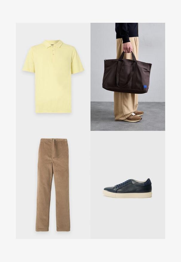 Żółta koszulka polo, krótki rękaw, kołnierzyk zapinany na trzy guziki, wykonana z miękkiego materiału bawełnianego z gładką fakturą i prostym wzorem.; Brązowe spodnie corduroy z elastycznym paskiem i przednim sznurkiem, prosta nogawka, zaprezentowane na białym tle.; Granatowe skórzane trampki z kremową gumową podeszwą, wyposażone w niebieskie sznurówki i gładką teksturę. Okrągły czubek i minimalistyczny design.; Brązowa torba tote z nylonu, z podwójnymi uchwytami, zamknięciem na zamek błyskawiczny i niebieską naszywką z logo. Gładka tekstura, zorganizowany design, przestronne wnętrze.