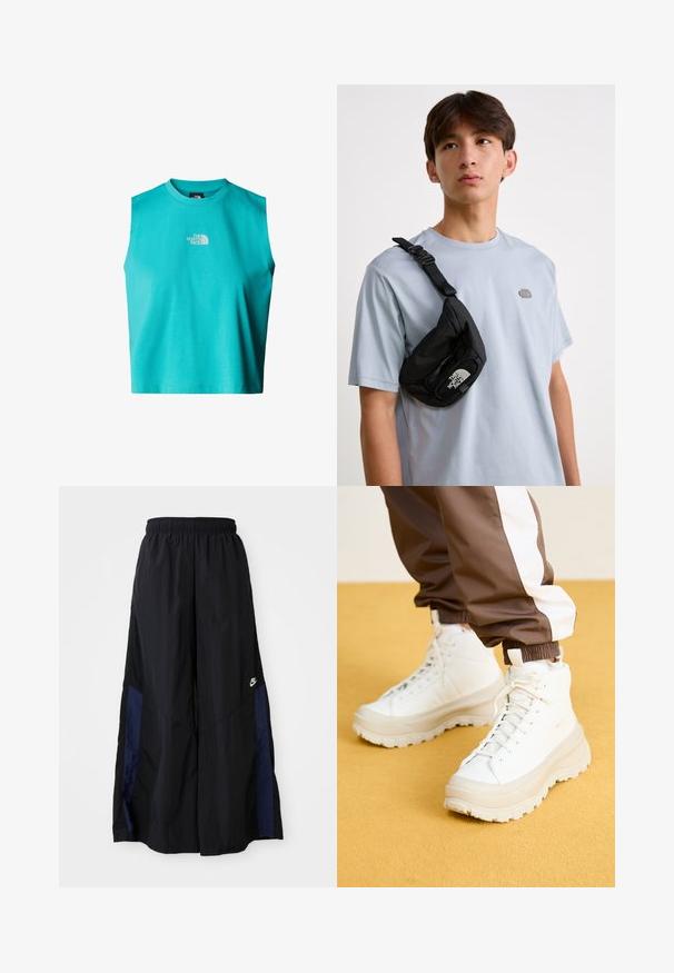 Zkrácený bezrukávový tričko v jasně tyrkysové barvě, vyrobené z lehkého bavlněného materiálu, s malým bílým logem na oblasti hrudníku.; Černé kalhoty širokého střihu vyrobené z lehkého materiálu, s námořnickou modrou bočním panelem a elastickým pasem. Malé bílé logo na spodní části.; Bílé vysoké tenisky s robustní, texturovanou podrážkou, s hladkým svrškem, kulatou špičkou a tonálními tkaničkami, umístěné na žlutém pozadí.; Černá nylonová crossbody taška s nastavitelným popruhem, vybavená výrazným bílým logem. Nošena přes světle modré tričko. Jednoduchý, funkční design.