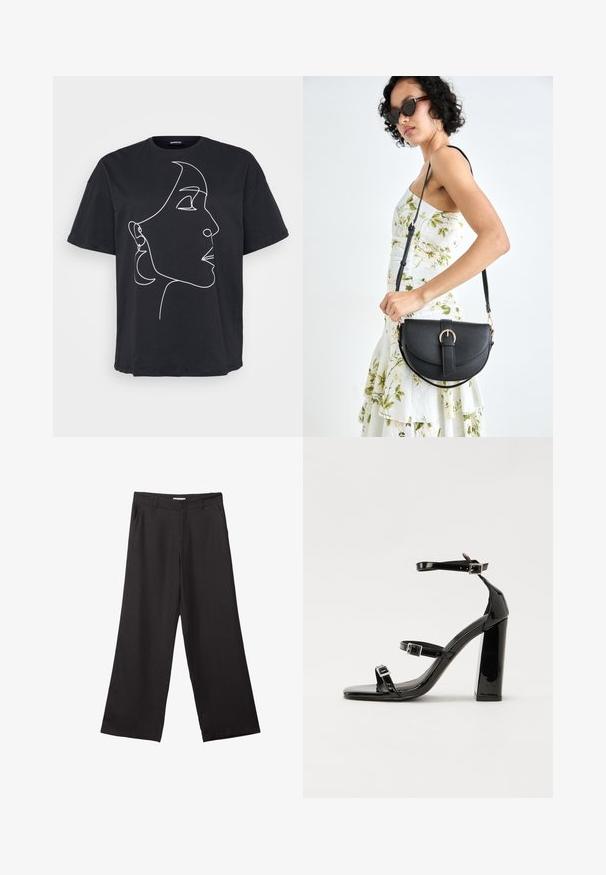 Sort bomulds T-shirt med en hvid linjetegning af et ansigt i profil. Korte ærmer og en afslappet pasform. Rund halsudskæring.; Sorte bukser med vidde, lavet af glat stof, med en frontlynlås og to sidelommer, i en skræddersyet pasform og minimalistisk design.; Sorte patenterede hælsandaler med firkantet tå, ankelremme og sølvspænder. Har en chunky blokHæl for stabilitet.; Sort læderhåndtaske med en buet form, aftagelig rem og guldfinish. Tasken har en klap med en spænde detalje.
