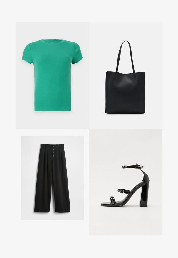 Tricou verde cu maneci scurte, cu decolteu rotund, design ajustat, textură moale, fabricat din material din bumbac elastic. Fără accente notabile.; Pantaloni negri cu picioare largi, confecționați dintr-un material texturat. Au talie înaltă, închidere frontală cu cinci nasturi și pliseuri presate pentru detalii suplimentare.; Sandale cu toc din patent negru, cu vârf pătrat, curele la gleznă și catarame din argint. Dispune de un toc gros pentru stabilitate.; Geantă tote neagră din piele, cu textură netedă, formă rectangulară și două mânere lungi. Fără hardware vizibil sau ornamente.