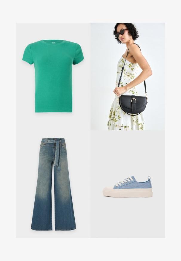 Green ribbed short-sleeve T-shirt, round neckline, fitted design, soft texture, made from stretchy cotton material. No notable accents.; Wide-leg denim trousers featuring a light to dark blue gradient, high waist, belt loops, and a matching fabric belt. Textured denim finish.; Light blue canvas sneakers with a cream rubber toe cap and outsole, featuring white laces and a pull tab on the heel.; Black leather handbag with a curved shape, detachable strap, and gold hardware. The bag features a flap with a buckle detail.