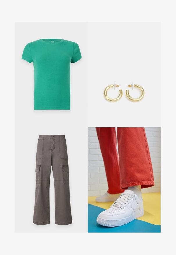 Zeleni rebrasti kratkosleeveni T-shirt, okrogli izrez, prilegajoč dizajn, mehak material, izdelan iz raztegljive bombažne tkanine. Brez opaznih akcentov.; Sive cargo hlače iz bombaža z širokim krojem, ki imajo dva sprednja žepa, dva stranska žepa in vidne šivanske detajle.; Beli usnjeni športni čevlji s perforiranim prstnim delom, teksturiranim podplatom in belimi vezalkami, v kombinaciji s širokimi rdečimi hlačami in modro-rumeno ozadje.; Zlate uhane v obliki obročkov z gladko, sijočo površino. Krožna zasnova s majhnim nosilcem in prozornim podplatom za varno nošenje.