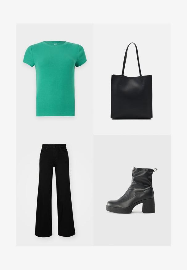 Zeleni rebrasti kratki rukav T-shirt, okrugli izrez, uski dizajn, mekana tekstura, izrađen od rastezljivog pamučnog materijala. Nema značajnih akcenata.; Crne široke traperice s čvrstim pojasom, petljama za remen i prednjim džepovima. Gladak teksturirani materijal s klasičnim dizajnom.; Crne gležnjače od glatke kože, s bočnim zatvaračem, debelim teksturiranim potplatom i dizajnom s zaobljenim prstima.; Crna kožna torba za nošenje s glatkom teksturom, pravokutnim oblikom i dvije duge ručke. Nema vidljivih metalnih dijelova ili ukrasa.