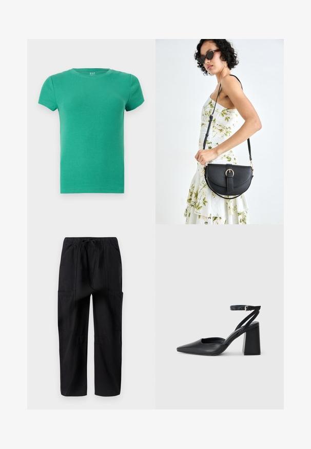 Green ribbed short-sleeve T-shirt, round neckline, fitted design, soft texture, made from stretchy cotton material. No notable accents.; Black cotton cargo pants with a relaxed fit, featuring an elastic waistband and multiple side pockets for added utility.; Black leather pointy-toe pump with an ankle strap and a chunky heel. Flat texture, sleek design, and minimalistic aesthetics.; Black leather handbag with a curved shape, detachable strap, and gold hardware. The bag features a flap with a buckle detail.