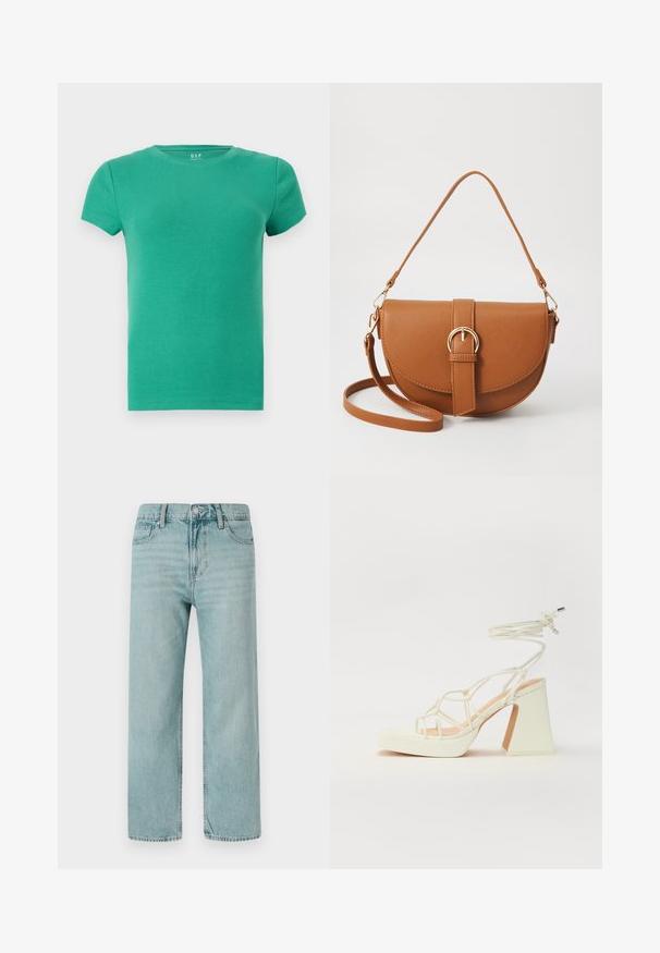 Grøn ribbet T-shirt med korte ærmer, rund halsudskæring, tætsiddende design, blød tekstur, lavet af strækbart bomuldsstof. Ingen bemærkelsesværdige detaljer.; Lyseblå brede jeans lavet af denim, der har et klassisk fem-lomme design, rene linjer og et almindeligt taljebånd med knaplukning.; Hvide højhælede sandaler med en kraftig hæl, der har et stropdesign og ankelbinding. Glat tekstur med en platform foran for ekstra højde.; Brun læder crossbody taske med en buet form, guldfarvet hardware og en spændeaccent. Har en aftagelig skulderrem.